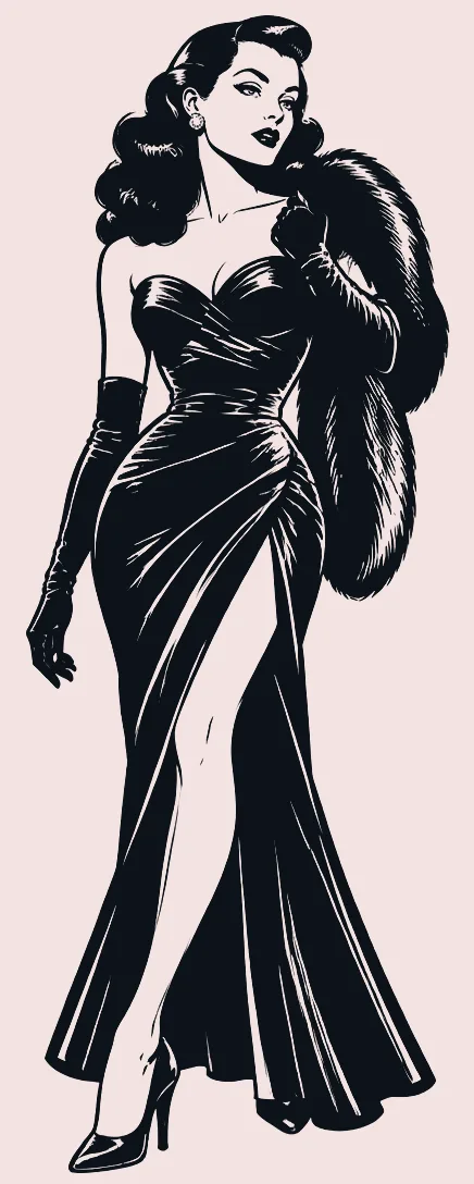 1940s woman in a black evening gown and fur stole