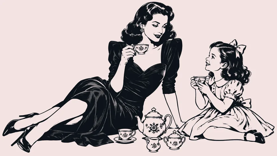 Mother and young daughter sharing a tea party on the floor